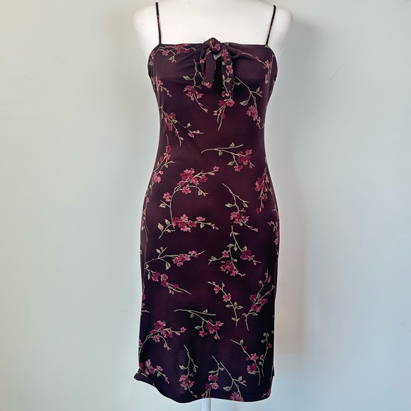Vintage Y2k Teeze Me Deep Burgundy Dainty Pink Floral Fitted Dress - Picture 8 of 14
